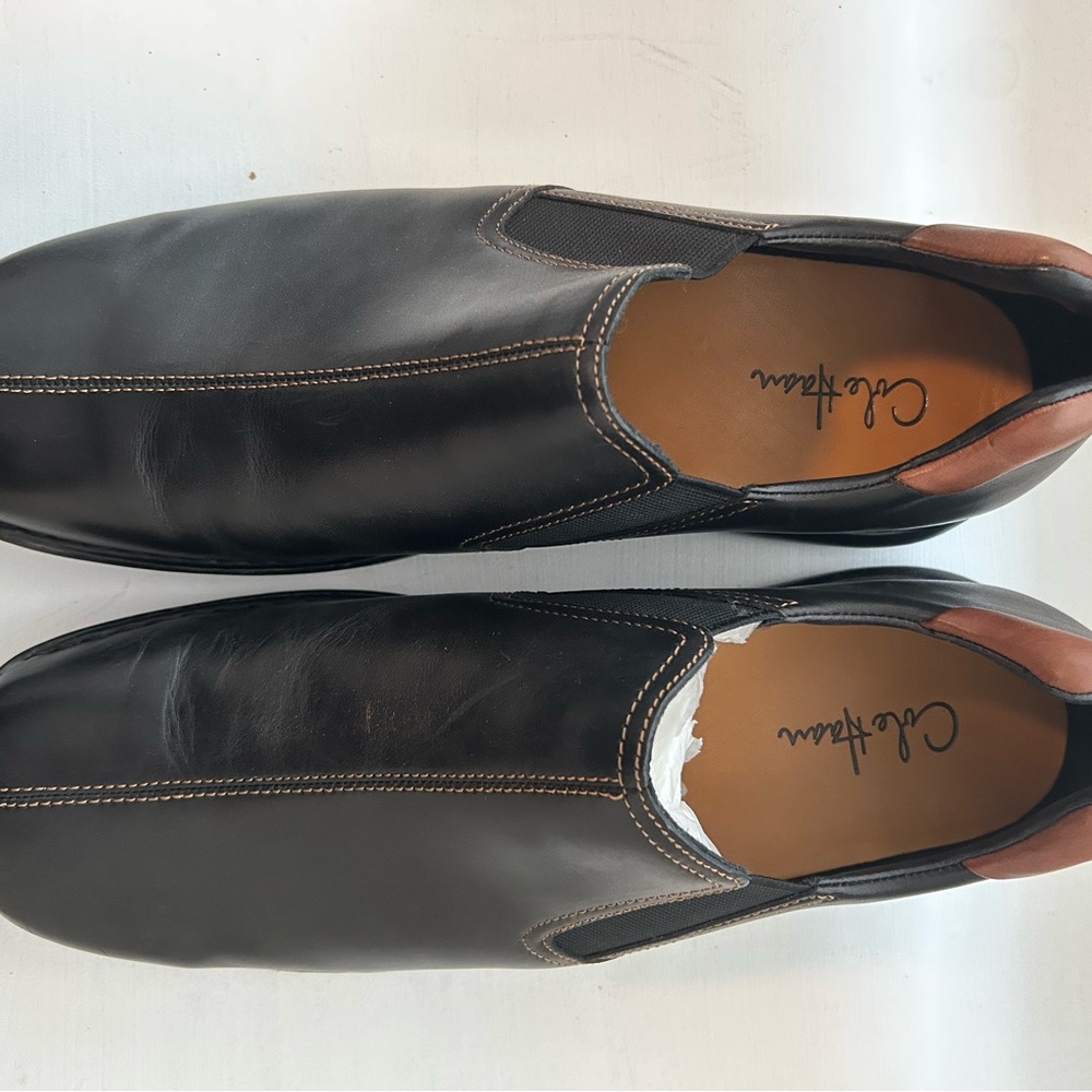 Cole Haan Black Leather Slip-On Loafers with Brown Heel Trim
